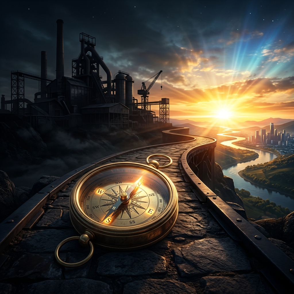 Compass leading from factory to sunrise